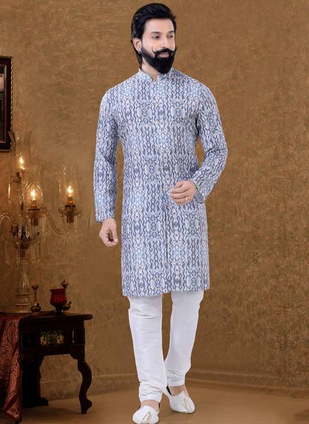 Gray And White Colour New Printed Ethnic Wear Cotton Mens Kurta Pajama Collection KS 1525